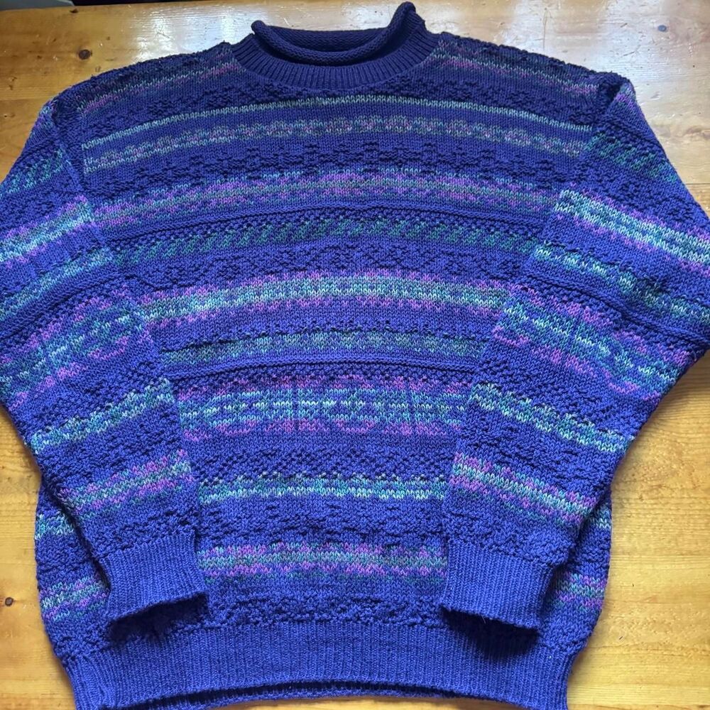 Vintage ALPS Roll Neck Oversized Sweater L Purple Striped Textured Knit 80s 90s